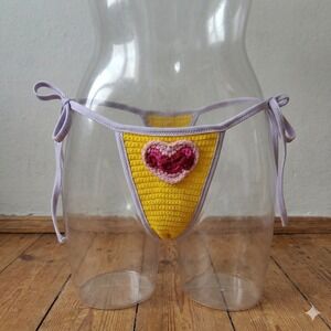 GCDS Crochet Heart Palm Tree Side Tie Bikini Bottom Womens Small Yellow Purple